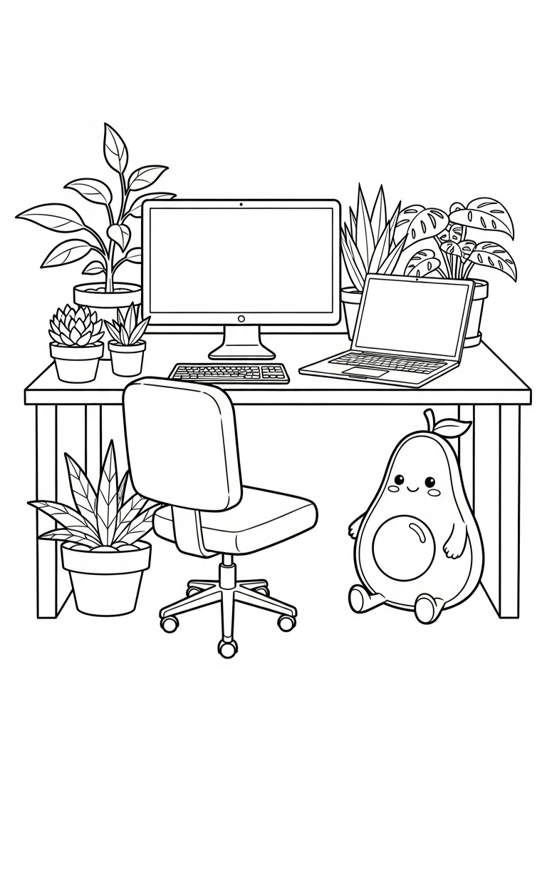 Illustration of a home office setup with a desk, chair, computer, laptop, plants, and a plush toy.